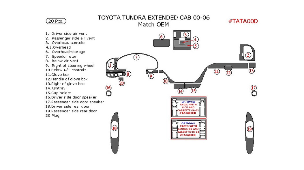 Toyota Tundra 2000-2004, Extended Cab, Full Interior Kit, 20 Pcs