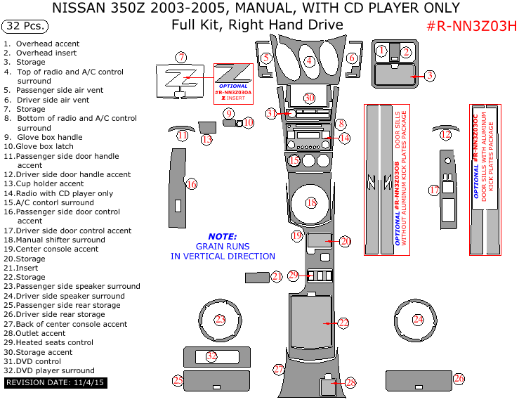 Nissan 350Z 2003-2005 (Right Hand Drive), Full Interior Kit, Manual