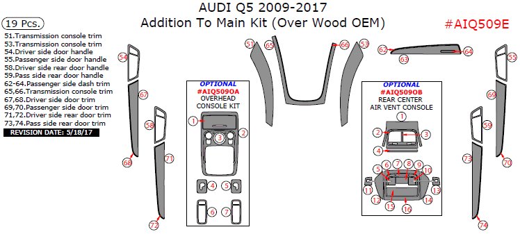 Audi Q5 2009, 2010, 2011, 2012, 2013, 2014, 2015, 2016, 2017, Addition To Main Interior Kit (Over Wood OEM), 19 Pcs. dash trim kits options