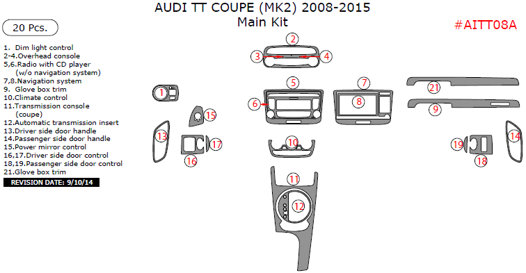 Audi TT 2008, 2009, 2010, 2011, 2012, 2013, 2014, 2015, Main Interior Kit (Coupe Only), 20 Pcs. dash trim kits options