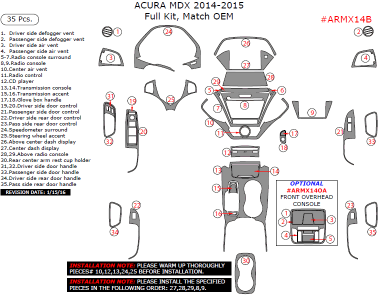 Acura MDX 2014-2015, Full Interior Kit, 35 Pcs., Match OEM dash trim kits options