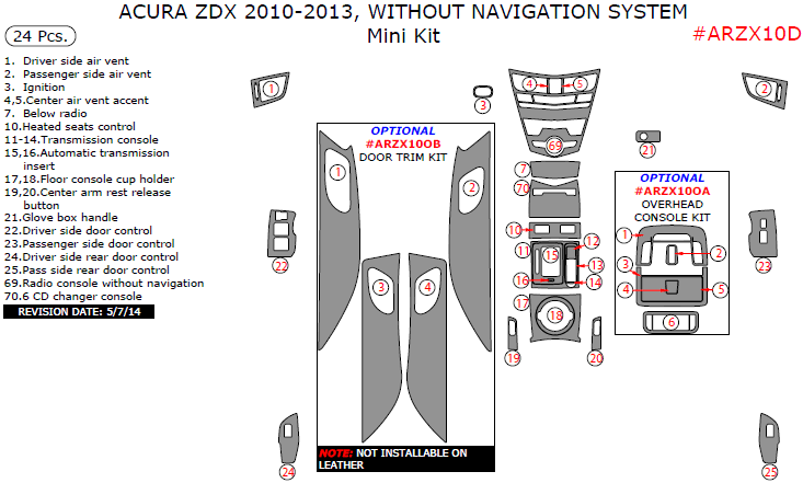 Acura ZDX 2010, 2011, 2012, 2013, Without Navigation System, Mini Interior Kit, 24 Pcs. dash trim kits options