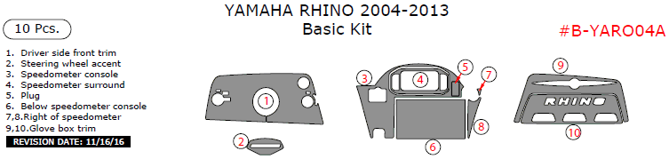 Yamaha Rhino 2004, 2005, 2006, 2007, 2008, 2009, 2010, 2011, 2012, 2013, Basic Kit, 10 Pcs. dash trim kits options