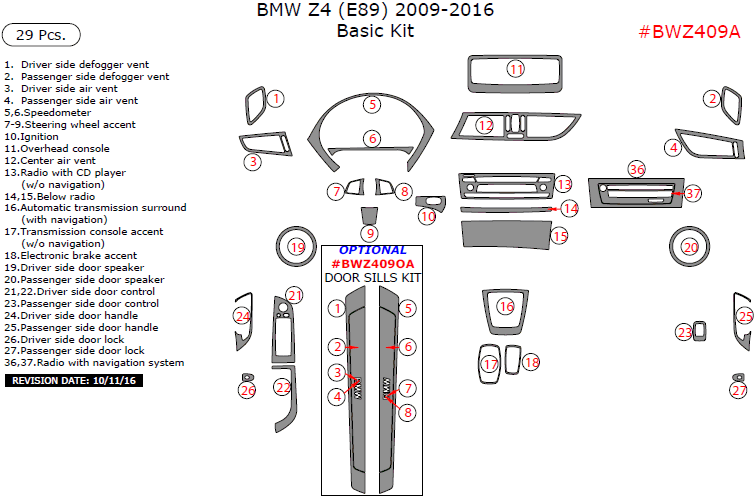 BMW Z4 (E89) 2009, 2010, 2011, 2012, 2013, 2014, 2015, 2016, Basic Interior Kit, 29 Pcs. dash trim kits options