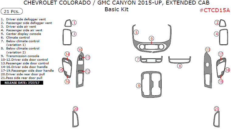 Chevrolet Colorado / GMC Canyon 2015, 2016, 2017, 2018, 2019, 2020, 2021, 2022 Extended Cab, Basic Interior Kit, 21 Pcs. dash trim kits options