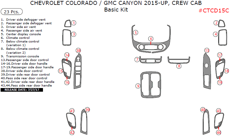 Chevrolet Colorado / GMC Canyon 2015, 2016, 2017, 2018,  2019, 2020, 2021, 2022Crew Cab, Basic Interior Kit, 23 Pcs. dash trim kits options