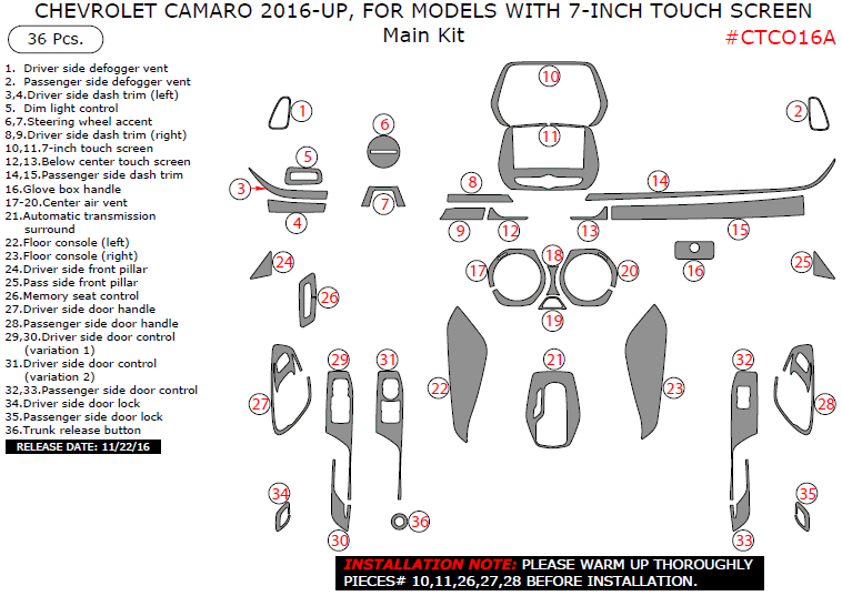 Chevrolet Camaro 2016 2017 2018 For Models With 7 Inch Touch Screen Main Interior Kit 36 Pcs