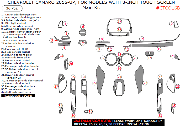 Chevrolet Camaro 2016, 2017, 2018, 2019, 2020, 2021, 2022, 2023, 2024, 2025 For Models With 8-Inch Touch Screen, Main Interior Kit, 36 Pcs. dash trim kits options