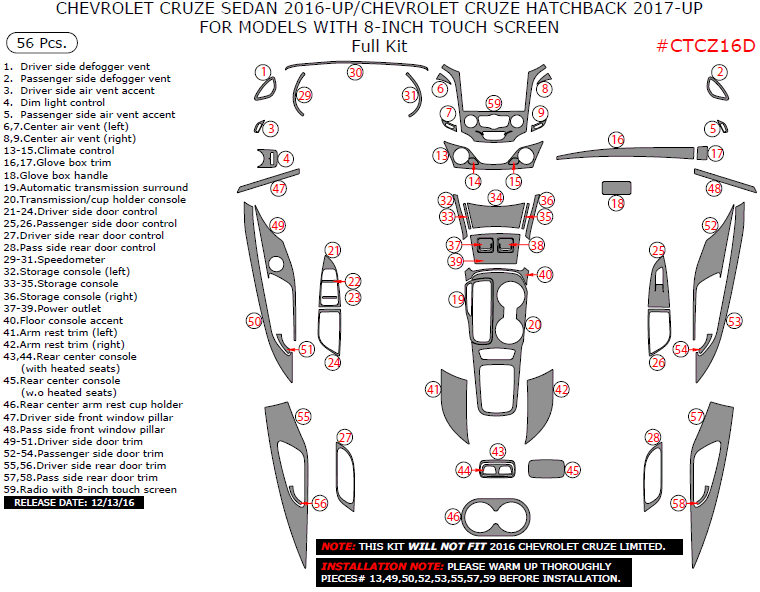 Chevrolet Cruze Sedan 2016, 2017, 2018, 2019/Chevrolet Cruze Hatchback 2017-2019, For Models With 8-Inch Touch Screen, Full Interior Kit, 56 Pcs. dash trim kits options