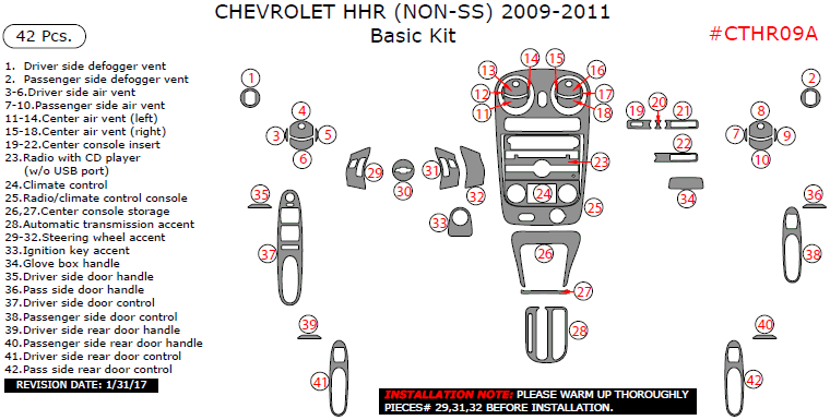 Chevrolet HHR (Non-SS) 2009, 2010, 2011, Basic Interior Kit, 42 Pcs. dash trim kits options