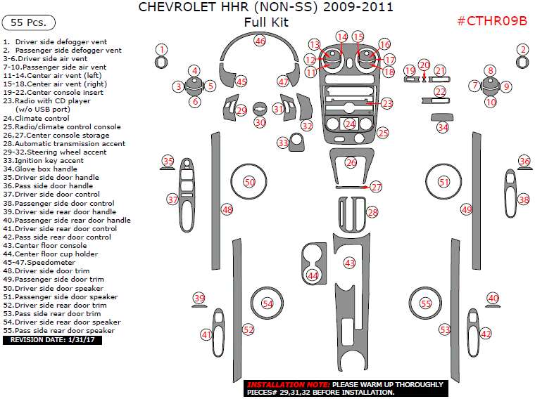 Chevrolet HHR (Non-SS) 2009, 2010, 2011, Full Interior Kit, 55 Pcs. dash trim kits options