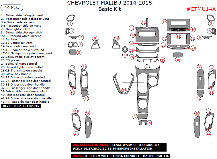 Chevrolet Malibu 2014-2015, Basic Interior Kit, 44 Pcs. dash trim kits options