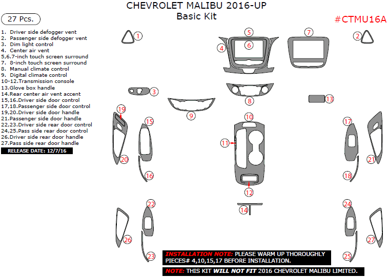 Chevrolet Malibu 2016, 2017, 2018, 2019, 2020, 2021, 2022, 2023, 2024, 2025 Basic Interior Kit, 27 Pcs. dash trim kits options