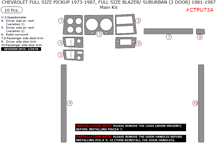 Chevrolet Full Size Pickup 1973-1987, Full Size Blazer/Suburban (2 Door) 1981-1987, Main Kit, 10 Pcs. dash trim kits options