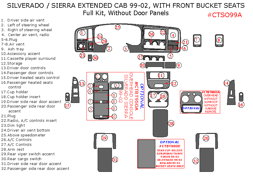 Chevrolet Silverado 1999 2000 2001 2002 Gmc Sierra 1999 2000 2001 2002 With Front Bucket Seats Full Interior Kit Without Door Panels 32