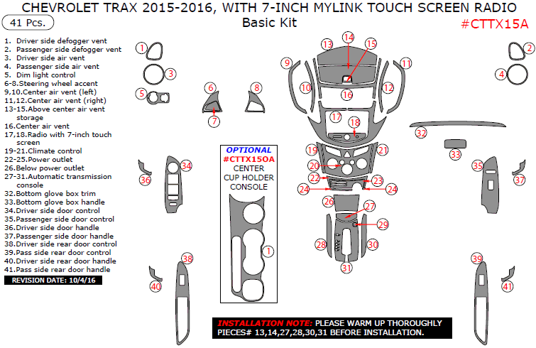 Chevrolet Trax 2015-2016, With 7-Inch MyLink Touch Screen Radio, Basic Interior Kit, 41 Pcs. dash trim kits options