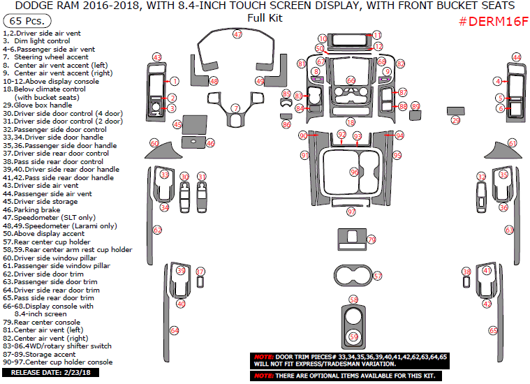 Dodge RAM 2016-2018, With 8.4-Inch Touch Screen Display, With Front Bucket Seats, Full Kit, 65 Pcs. dash trim kits options