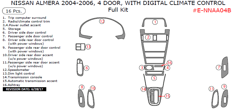 Nissan Almera 2004, 2005, 2006, 4 Door, With Digital Climate Control, Full Interior Kit, 16 Pcs. dash trim kits options