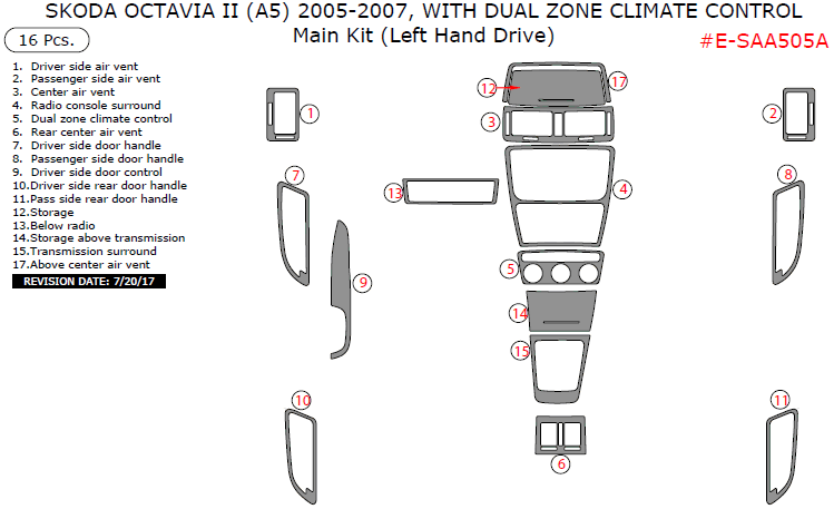 Skoda Octavia II (A5) 2005, 2006, 2007, With Dual Zone Climate Control, Main Interior Kit, 16 Pcs. dash trim kits options