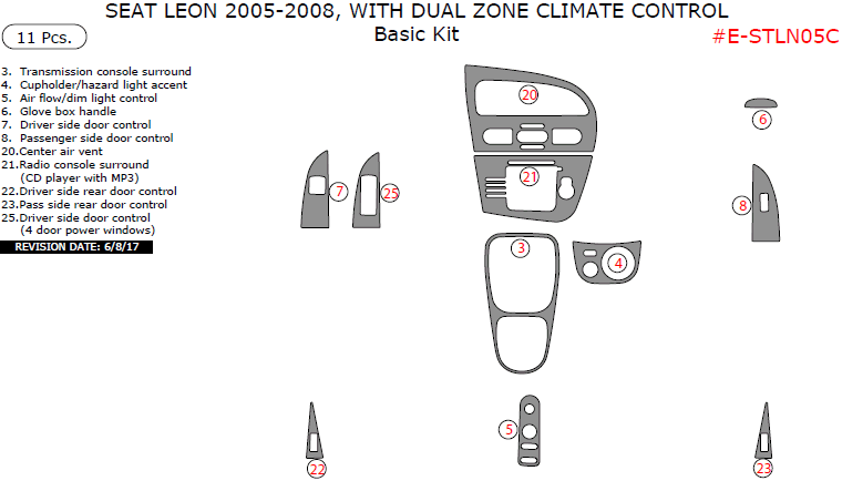 Seat Leon 2005, 2006, 2007, 2008, With Dual Zone Climate Control, Basic Interior Kit, 11 Pcs. dash trim kits options