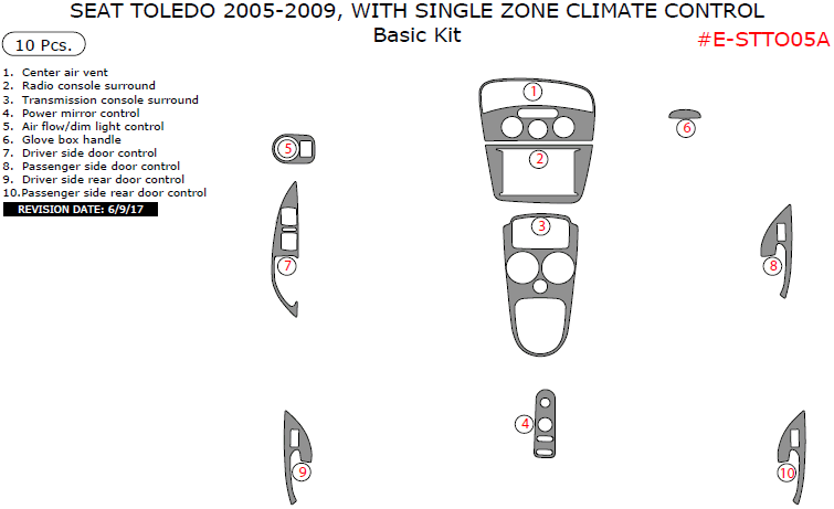 Seat Toledo 2005, 2006, 2007, 2008, 2009, With Single Zone Climate Control, Basic Interior Kit, 10 Pcs. dash trim kits options