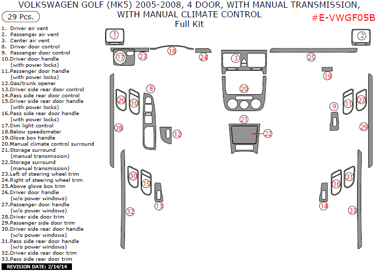 Volkswagen Golf 2005, 2006, 2007, 2008, 4 Door, With Manual Transmission, With Manual Climate Control, Full Interior Kit, 29 Pcs. Europe Only dash trim kits options