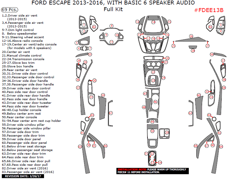 Ford Escape 2013, 2014, 2015, 2016, With Basic 6 Speaker Audio, Full Interior Kit, 69 Pcs. dash trim kits options