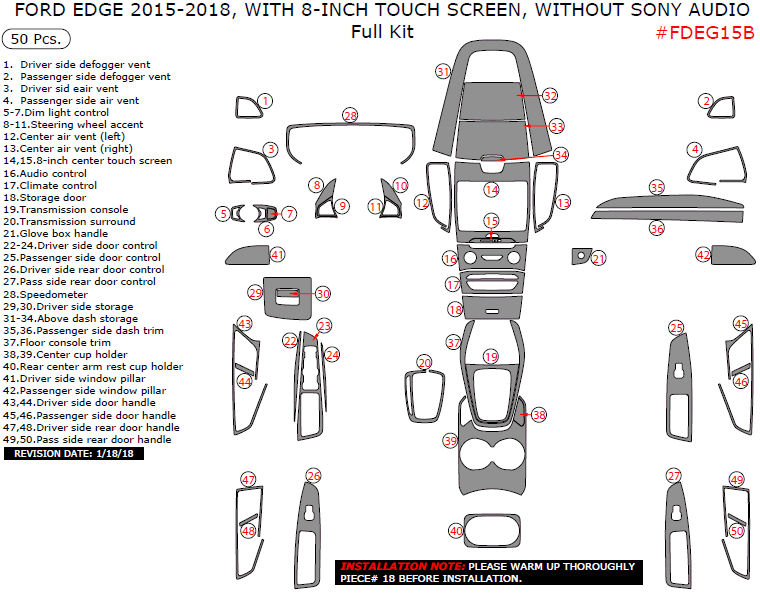 Ford Edge 2015, 2016, 2017, 2018, With 8-Inch Touch Screen, Without Sony Audio, Full Interior Kit, 50 Pcs. dash trim kits options