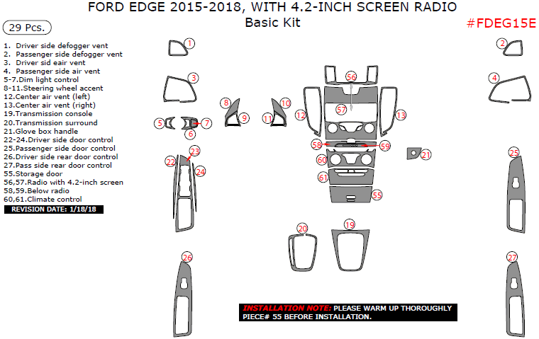 Ford Edge 2015, 2016, 2017, 2018, With 4.2-Inch Screen Radio, Basic Interior Kit, 29 Pcs. dash trim kits options