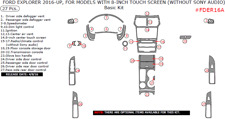 Ford Explorer 2016, 2017, For Models With 8-Inch Touch Screen (Without Sony Audio), Basic Interior Kit, 27 Pcs. dash trim kits options