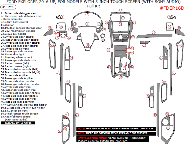 Ford Explorer 2016, 2017, For Models With 8-Inch Touch Screen (With Sony Audio), Full Interior Kit, 49 Pcs. dash trim kits options