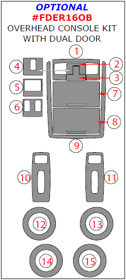 Ford Explorer 2016, 2017, Optional Overhead Console Interior Kit With Dual Door, 15 Pcs. dash trim kits options