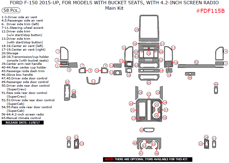 Ford F-150 2015, 2016, 2017, 2018, 2019, 2020 For Models With Bucket Seats, With 4.2-Inch Screen Radio, Main Interior Kit, 58 Pcs. dash trim kits options