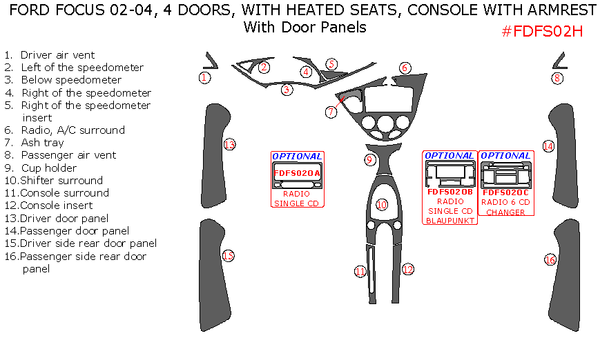 Ford Focus 2002, 2003, 2004Interior Dash Kit, 4 Door, With Arm Rest, With Heated Seats, With Door Panels, 16 Pcs. dash trim kits options
