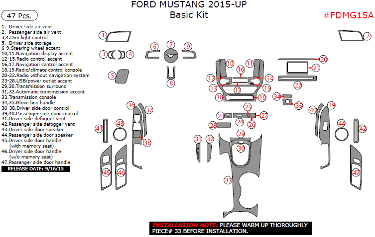 Ford Mustang 2015, 2016, 2017, 2018, 2019, 2020, 2021, 2022, 2023 Basic Interior Kit, 47 Pcs. dash trim kits options