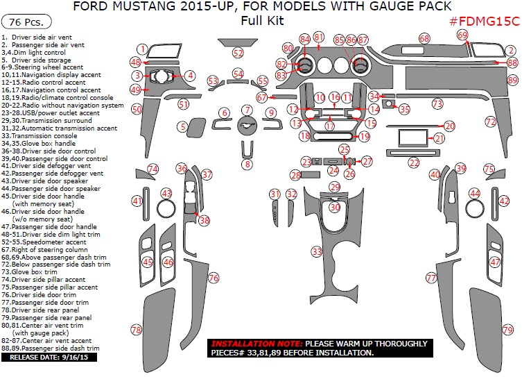 Ford Mustang 2015, 2016, 2017, 2018, 2019, 2020, 2021, 2022, 2023 For Models With Gauge Pack, Full Interior Kit, 76 Pcs. dash trim kits options