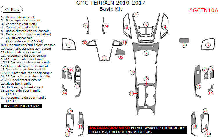 GMC Terrain 2010, 2011, 2012, 2013, 2014, 2015, 2016, 2017, Basic Interior Kit, 31 Pcs. dash trim kits options