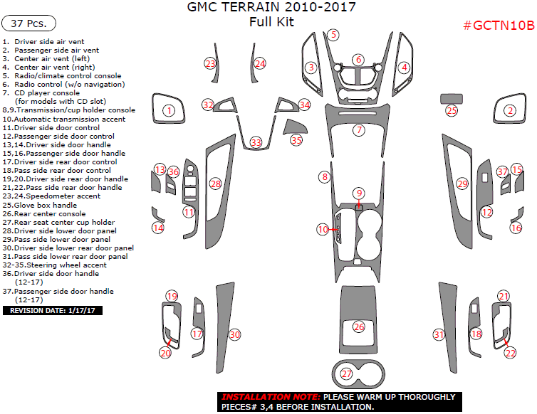 GMC Terrain 2010, 2011, 2012, 2013, 2014, 2015, 2016, 2017, Full Interior Kit, 37 Pcs. dash trim kits options