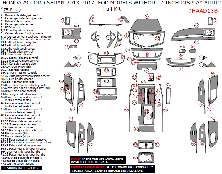 Honda Accord Sedan 2013, 2014, 2015, 2016, 2017, For Models Without 7-Inch Display Audio, Full Interior Kit, 75 Pcs. dash trim kits options