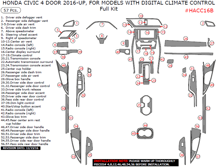 Honda Civic 4 Door 2016, 2017, For Models With Digital Climate Control, Full Interior Kit, 57 Pcs. dash trim kits options