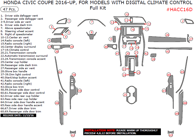 Honda Civic Coupe 2016, 2017, For Models With Digital Climate Control, Full Interior Kit, 47 Pcs. dash trim kits options