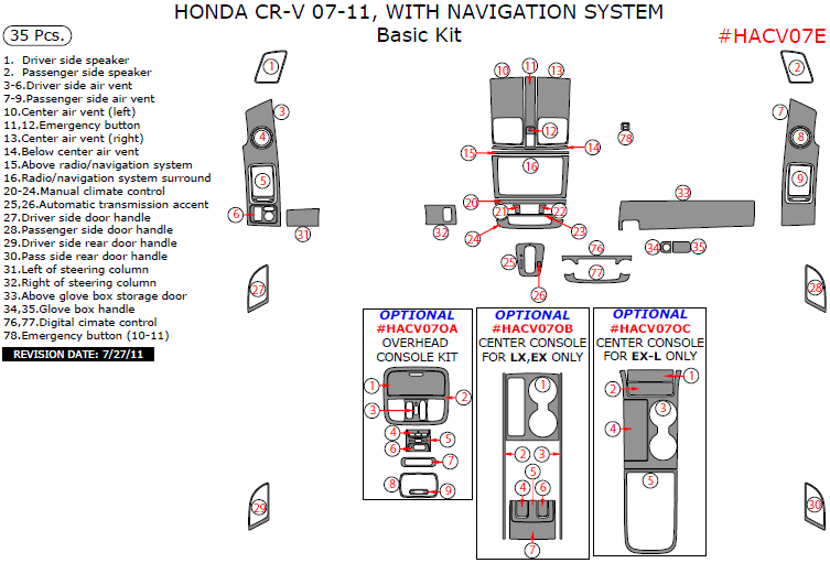 Honda Cr V 2007 2008 2009 2010 2011 With Navigation System Basic Interior Kit 35 Pcs