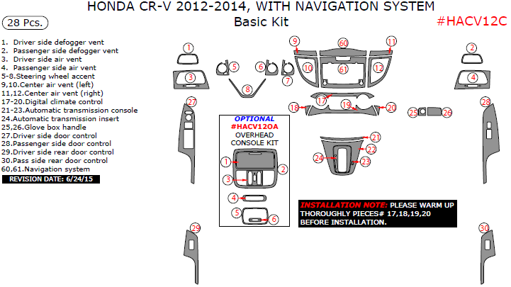 Honda CR-V 2012, 2013, 2014, With Navigation System, Basic Interior Kit, 28 Pcs. dash trim kits options