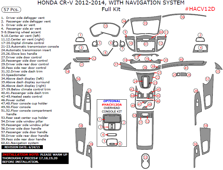 Honda CR-V 2012, 2013, 2014, With Navigation System, Full Interior Kit, 57 Pcs. dash trim kits options