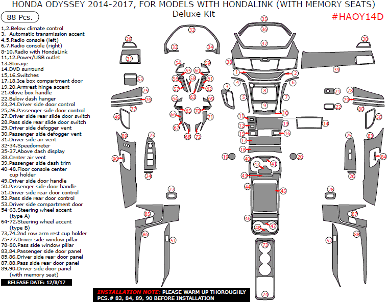 Honda Odyssey 2014-2017, For Models With HondaLink (With Memory Seats), Deluxe Kit, 88 Pcs. dash trim kits options
