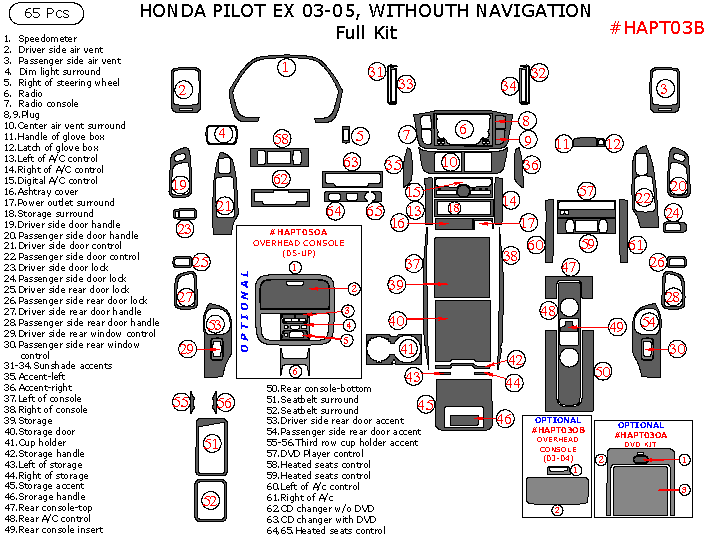 Honda Pilot EX 2003, 2004, 2005, Full Interior Kit, Without Navigation System, 65 Pcs. dash trim kits options