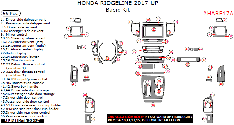 Honda Ridgeline 2017-2019, Basic Interior Kit, 56 Pcs. dash trim kits options