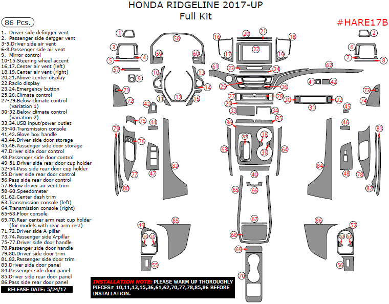 Honda Ridgeline 2017-2019, Full Interior Kit, 86 Pcs. dash trim kits options