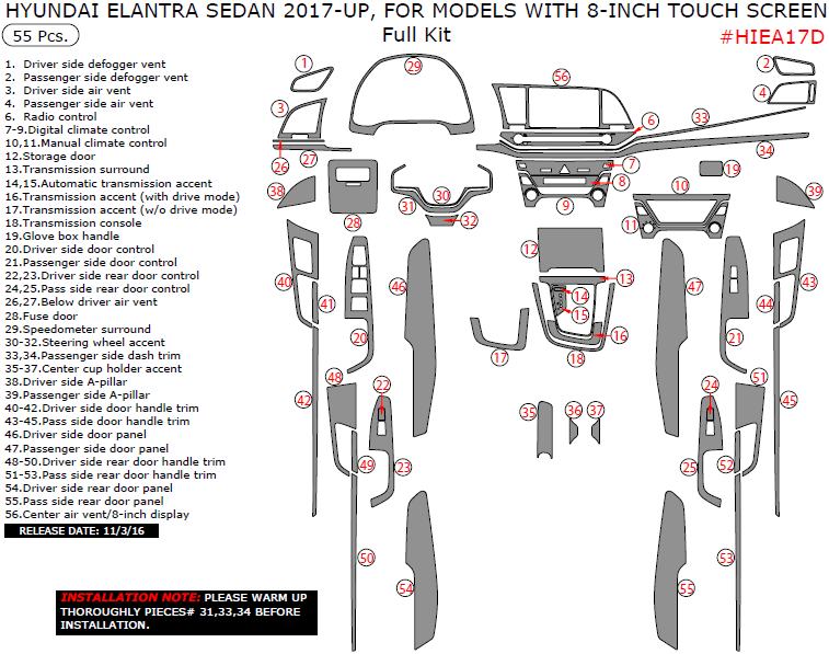 Hyundai Elantra Sedan 2017-2018, For Models With 8-Inch Touch Screen, Full Interior Kit, 55 Pcs. dash trim kits options