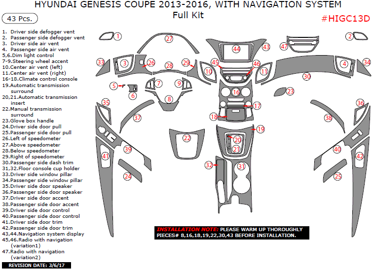 Hyundai Genesis Coupe 2013, 2014, 2015, 2016, With Navigation System, Full Interior Kit, 43 Pcs. dash trim kits options